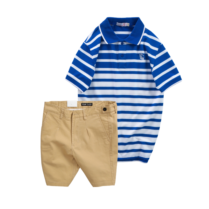 Set Bộ Nam Áo Thun Polo Cổ Bẻ Sọc Ngang Thêu Logo Trước Ngực Và Quần Short Kaki Co Giãn Phối Nút Size 36