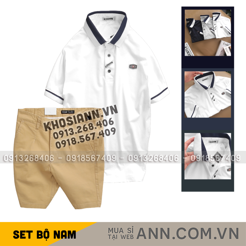 Hình phối set áo polo cổ bẻ và quần short kaki tông trung tính