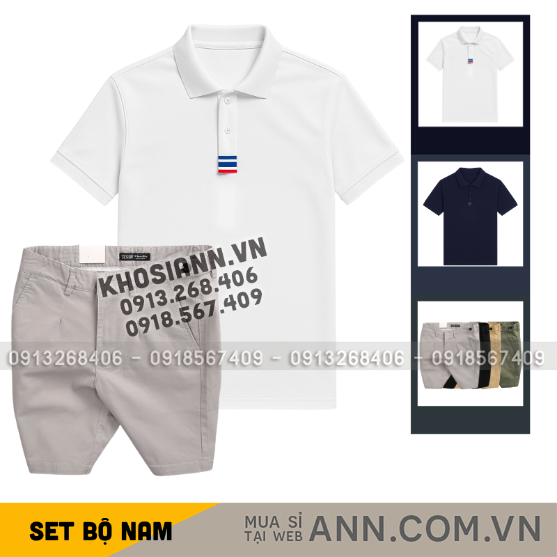 Set bộ nam áo thun polo cổ bẻ thêu 3 sọc đỏ xanh và quần short kaki co giãn phối nút size 36