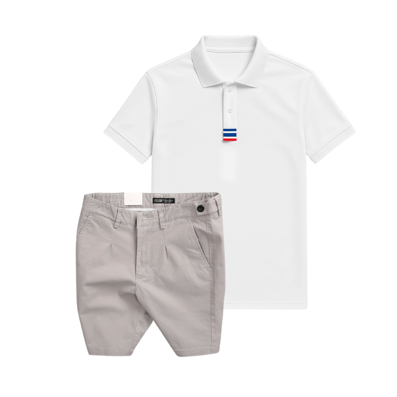 Set áo polo trắng phối quần short kaki sáng màu