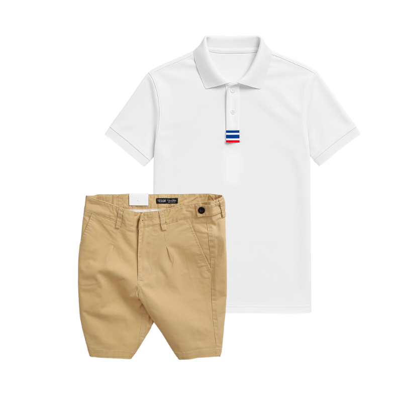 Set bộ nam áo thun polo cổ bẻ thêu 3 sọc đỏ xanh và quần short kaki co giãn phối nút size 36