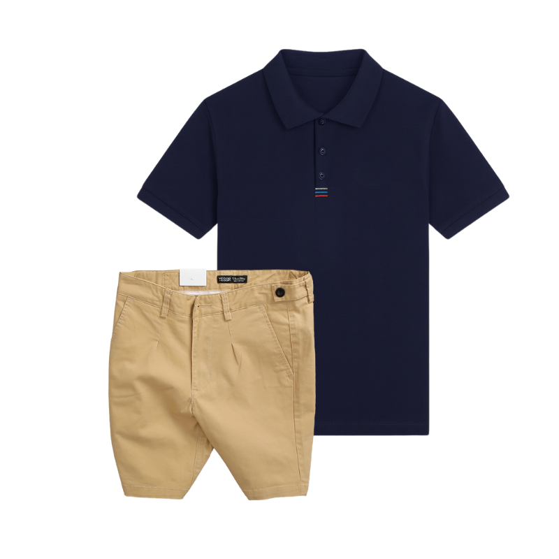 Set bộ nam áo thun polo cổ bẻ thêu 3 sọc đỏ xanh và quần short kaki co giãn phối nút size 36