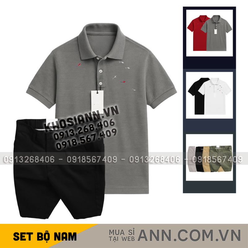 Set Bộ Nam Áo Thun Polo Cổ Bẻ Thêu Cá Mập Trước Ngực Và Quần Short Kaki Co Giãn Phối Nút Size 36
