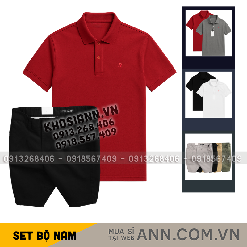Phối áo polo đỏ thêu chữ R cùng quần short tối màu