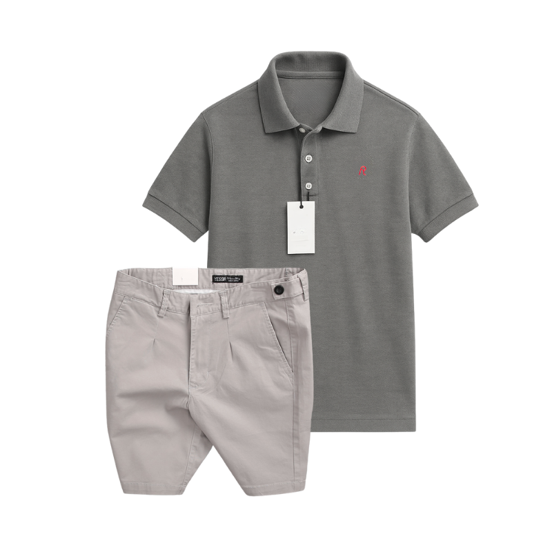 Set Bộ Nam Áo Thun Polo Cổ Bẻ Thêu Logo Chữ R Trước Ngực Và Quần Short Kaki Co Giãn Phối Nút Cao Cấp Size 36