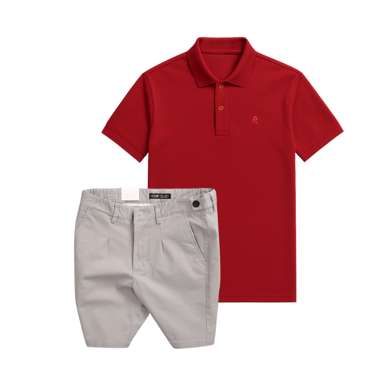 Set Bộ Nam Áo Thun Polo Cổ Bẻ Thêu Logo Chữ R Trước Ngực Và Quần Short Kaki Co Giãn Phối Nút Cao Cấp Size 36