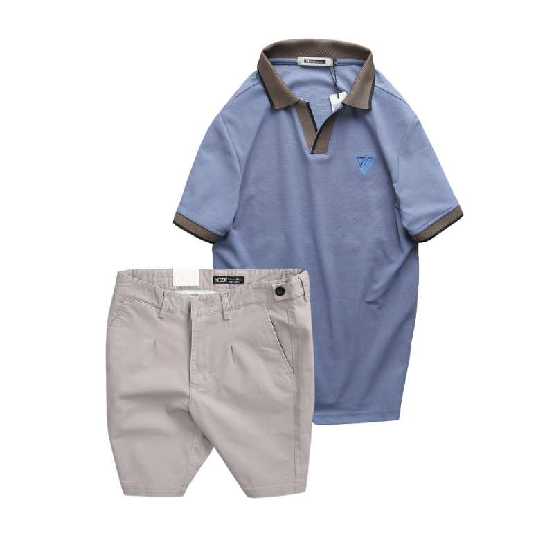 Set bộ nam áo thun polo cổ bẻ thêu logo hình tam giác & quần short kaki co giãn phối nút cao cấp (Size 36)