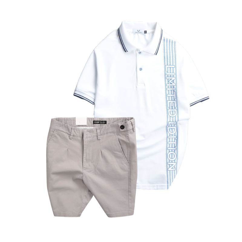 Set Bộ Nam Áo Thun Polo Cổ Bẻ Vải Cá Sấu Poly Phối Sọc Cùng Quần Short Kaki Co Giãn Phối Nút Size 36
