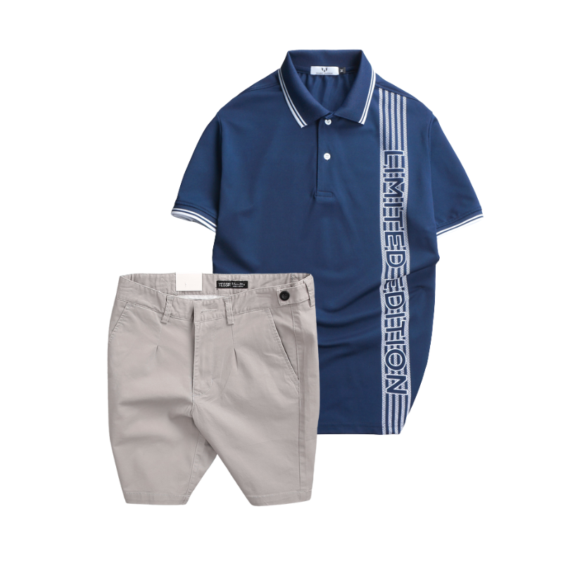 Set Bộ Nam Áo Thun Polo Cổ Bẻ Vải Cá Sấu Poly Phối Sọc Cùng Quần Short Kaki Co Giãn Phối Nút Size 36