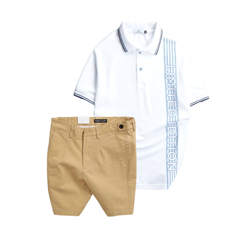 Set Bộ Nam Áo Thun Polo Cổ Bẻ Vải Cá Sấu Poly Phối Sọc Cùng Quần Short Kaki Co Giãn Phối Nút Size 36