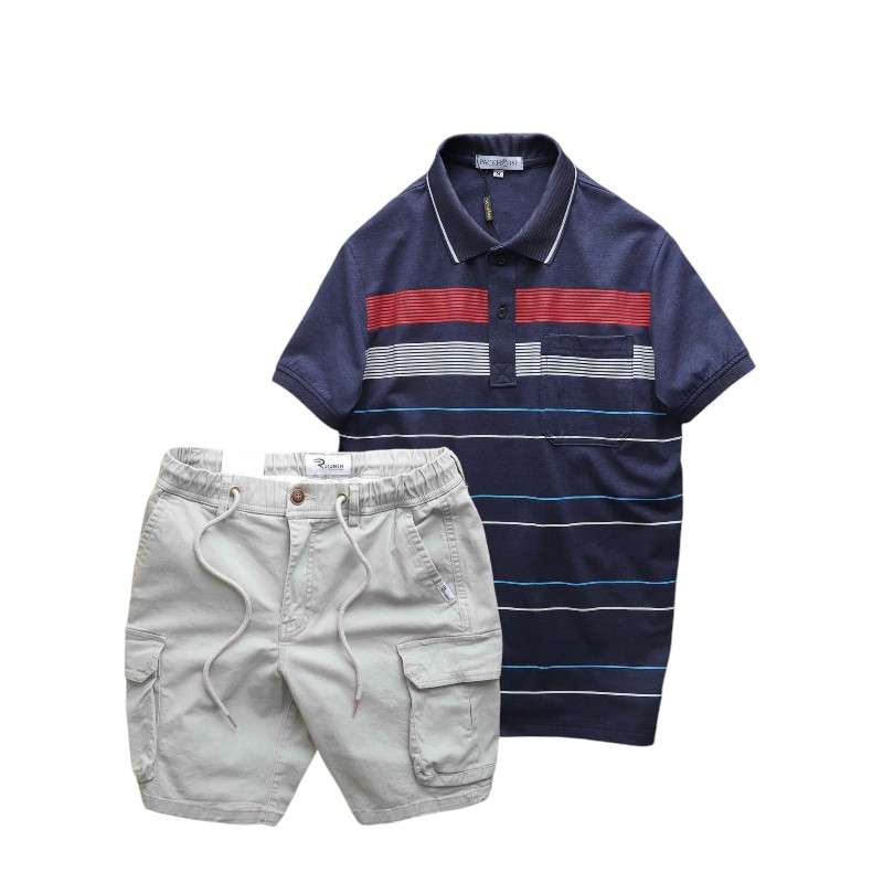 Tổng thể set với áo polo sọc ngang và quần short túi hộp màu sáng