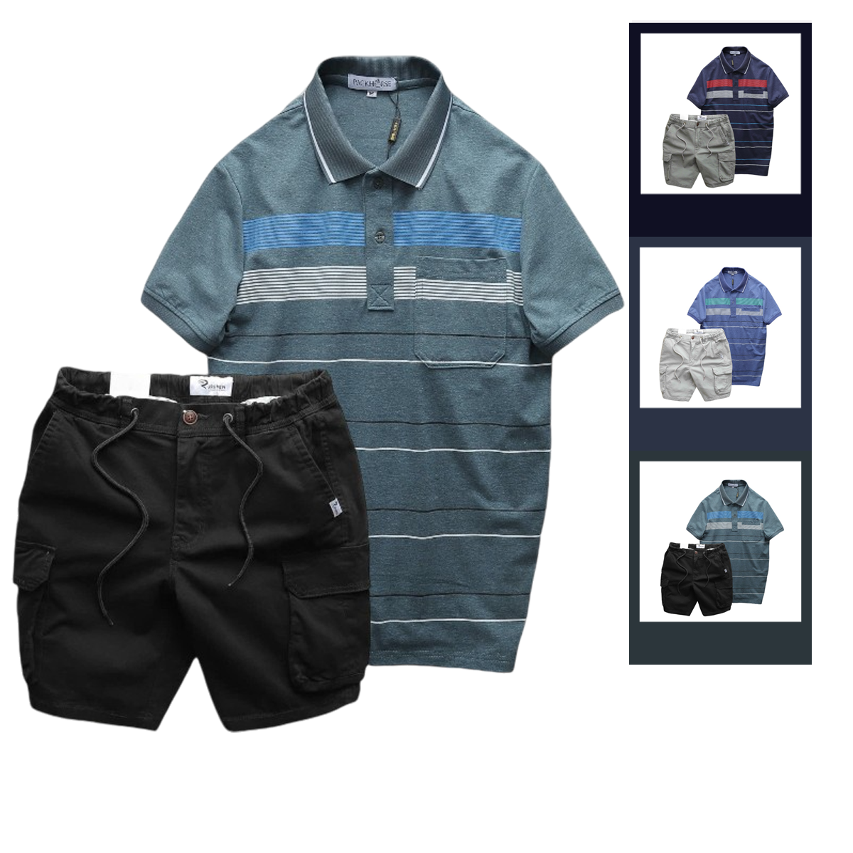 Hình ảnh Set Bộ Nam Áo Thun Polo Hoạ Tiết Sọc Ngang Có Túi Quần Short Kaki Túi Hộp trong bộ sưu tập quần short kaki