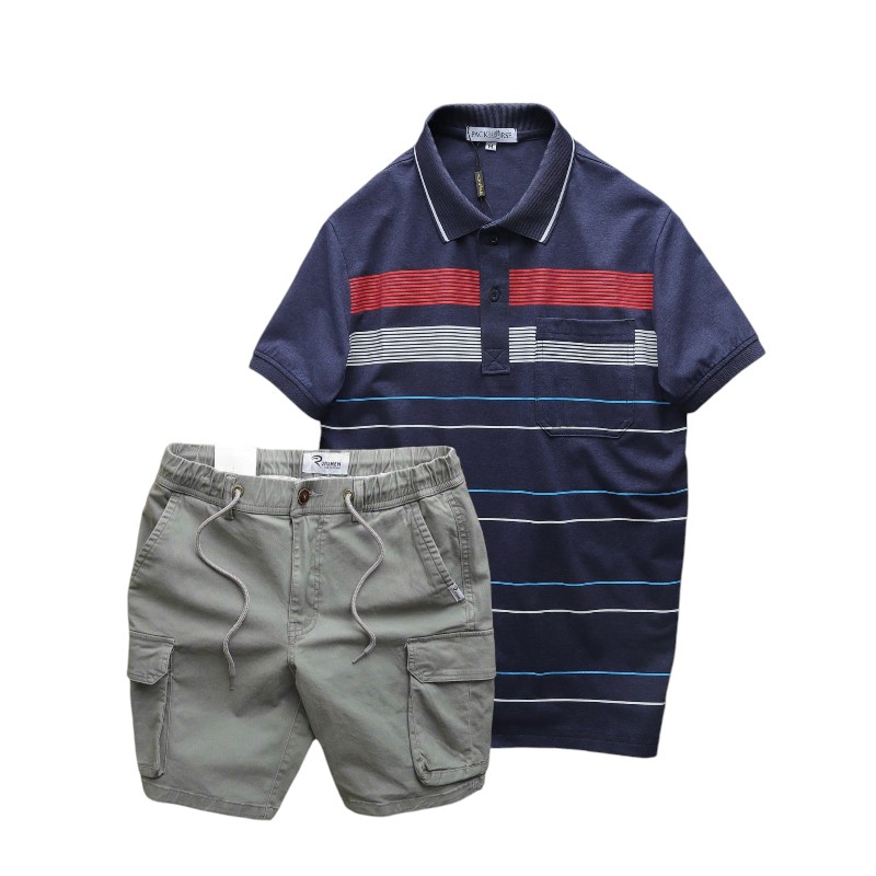 Phối màu áo polo cùng quần short kaki túi hộp tông xám