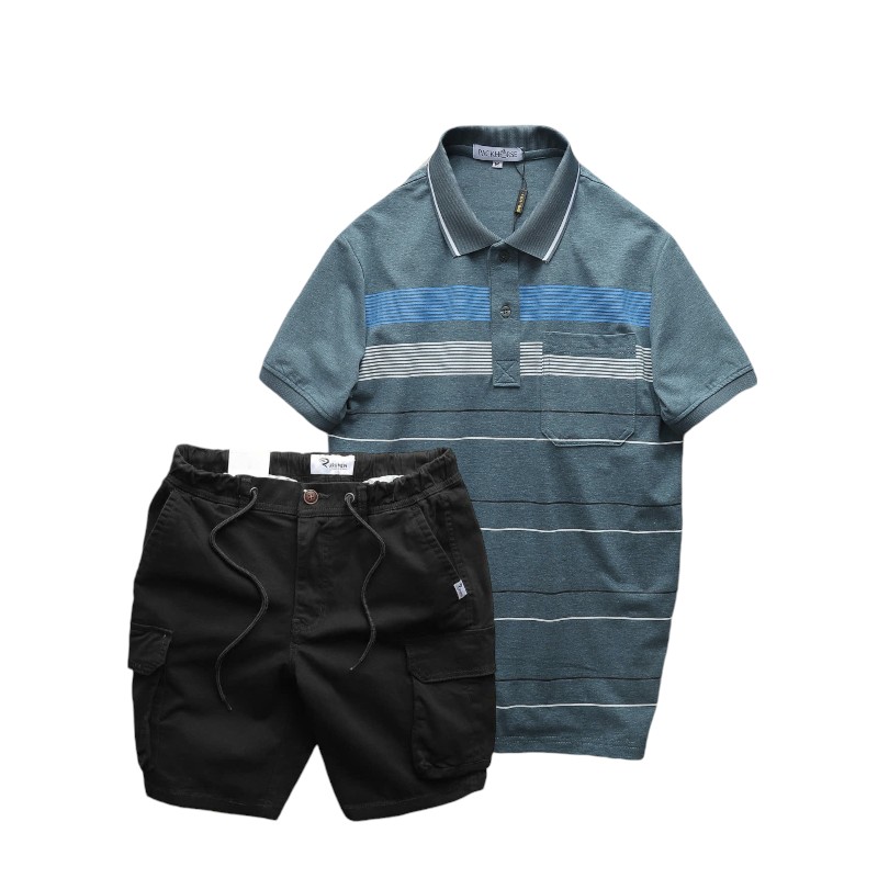 Set Bộ Nam Áo Thun Polo Sọc Ngang Có Túi Kèm Quần Short Kaki Túi Hộp