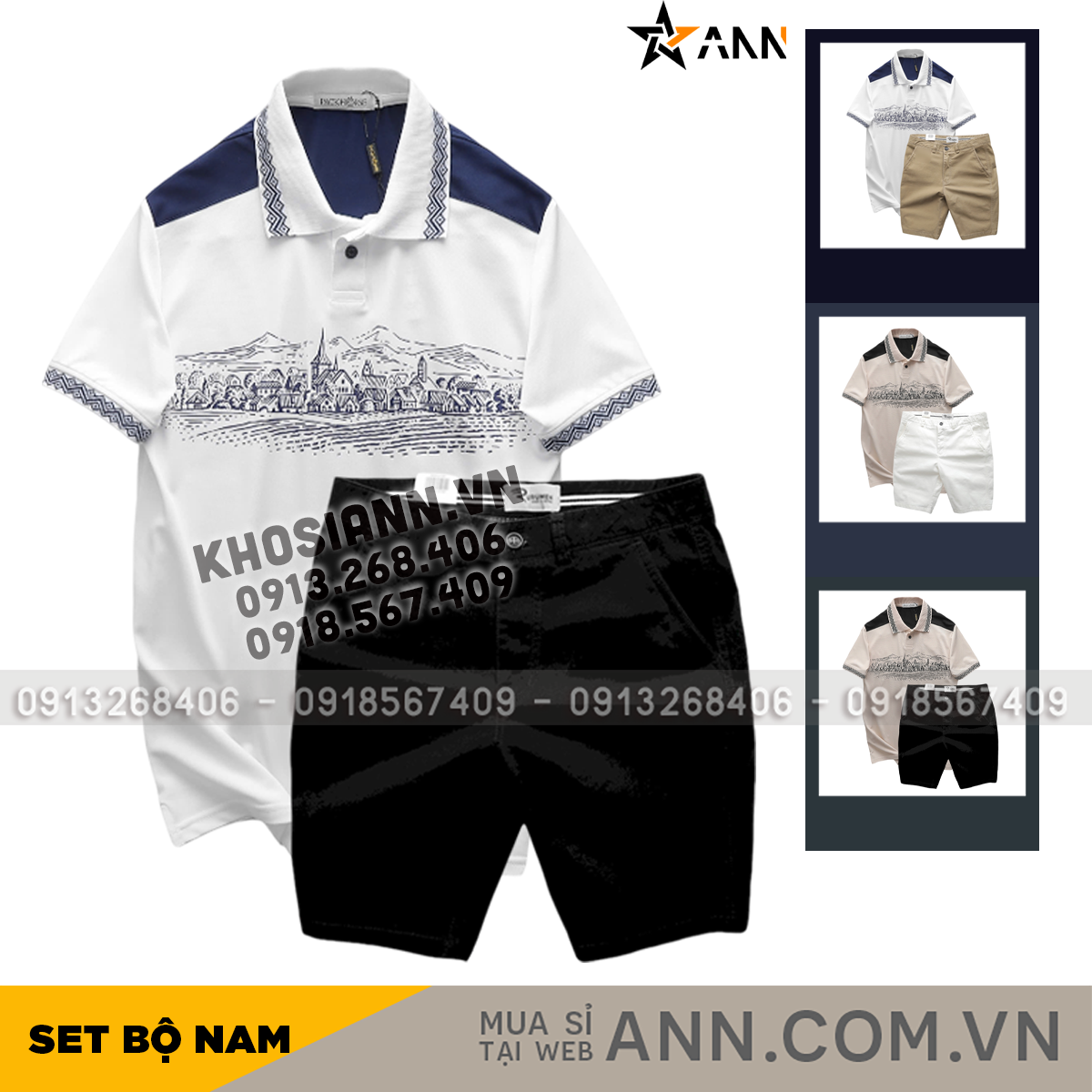 Set Bộ Nam Áo Polo Pack Horse Họa Tiết Ngôi Làng Cổ Điển Quần Short Kaki Cao Cấp Size 3x