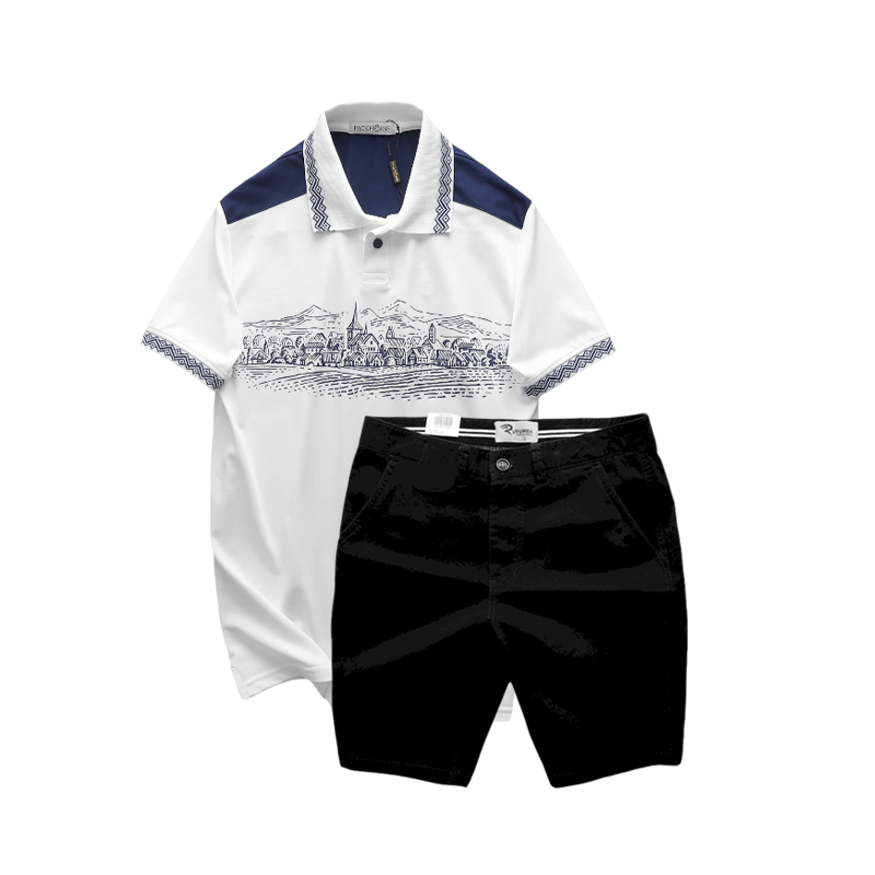 Tổng thể set áo polo phối quần short kaki màu đen