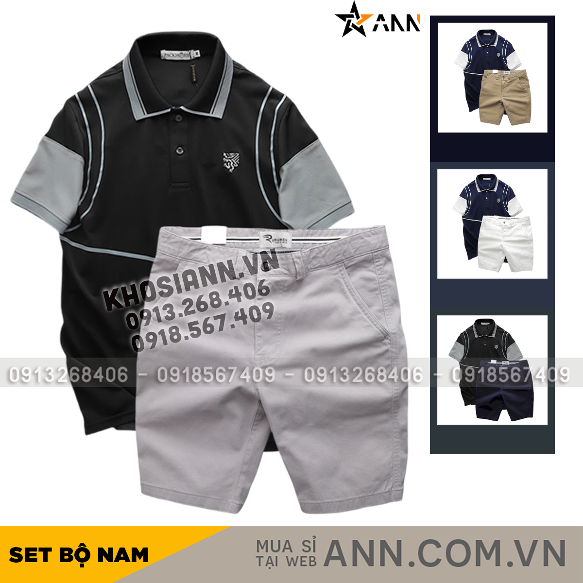Ảnh phối set áo polo đen tay xám cùng quần short, minh họa nhiều màu quần