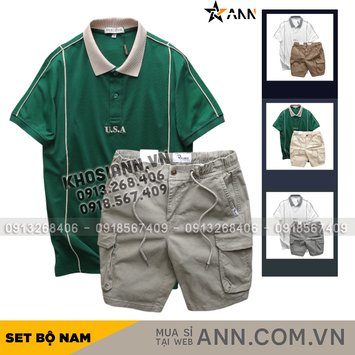 Set Bộ Nam Áo Polo Pack Horse Thêu Chữ U.S.A Phối Quần Short Kaki Túi Hộp
