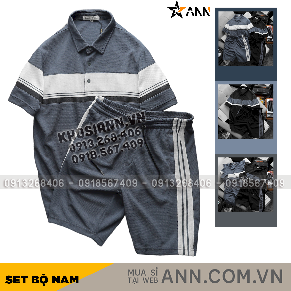 Bộ áo polo sọc ngang phối cùng quần short thể thao tông xám