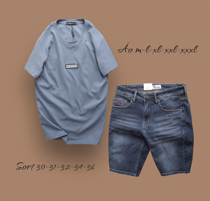 Set Bộ Nam Quần Short Jeans Phối Áo Thun Cổ Tròn Tag Chữ Superior