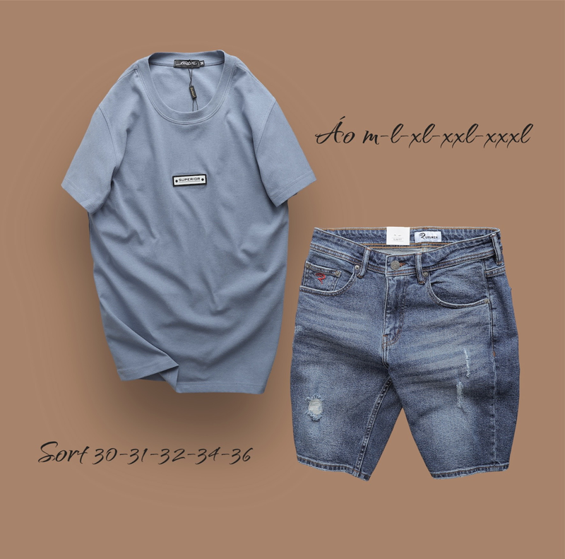 Set Bộ Nam Quần Short Jeans Phối Áo Thun Cổ Tròn Tag Chữ Superior