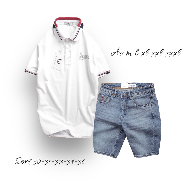 Áo polo trắng phối quần short jeans xanh sáng