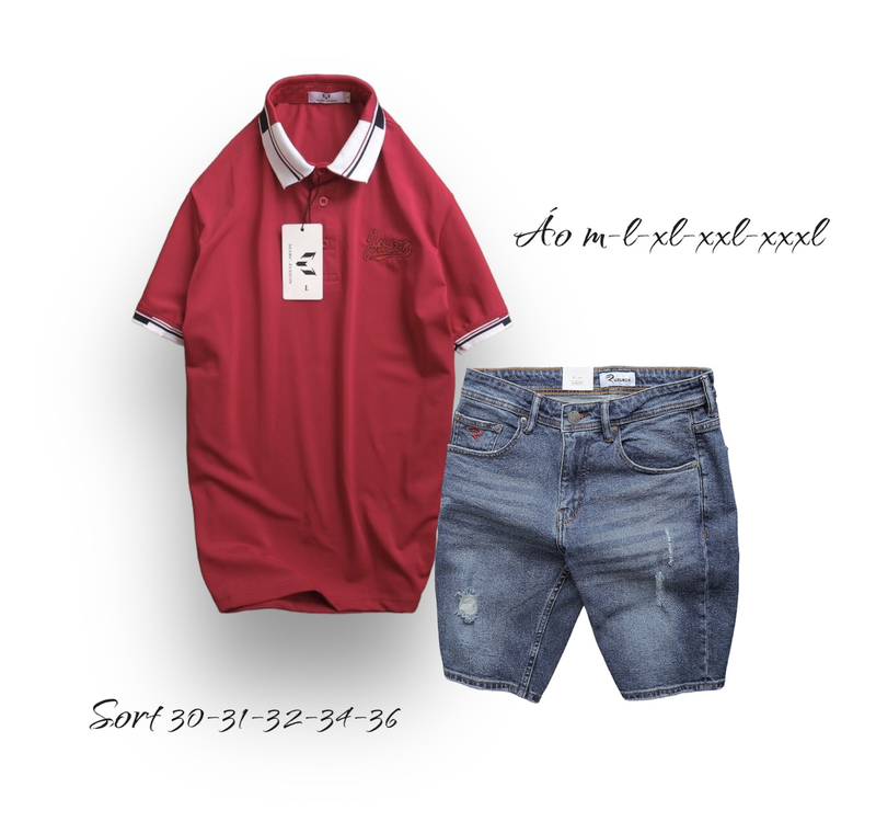 Tông áo đỏ đô nổi bật phối short jeans xanh