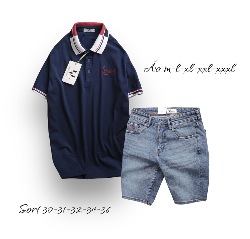 Set Bộ Nam Quần Short Jeans Phối Áo Thun Polo Cổ Bẻ Thêu Chữ Jasson