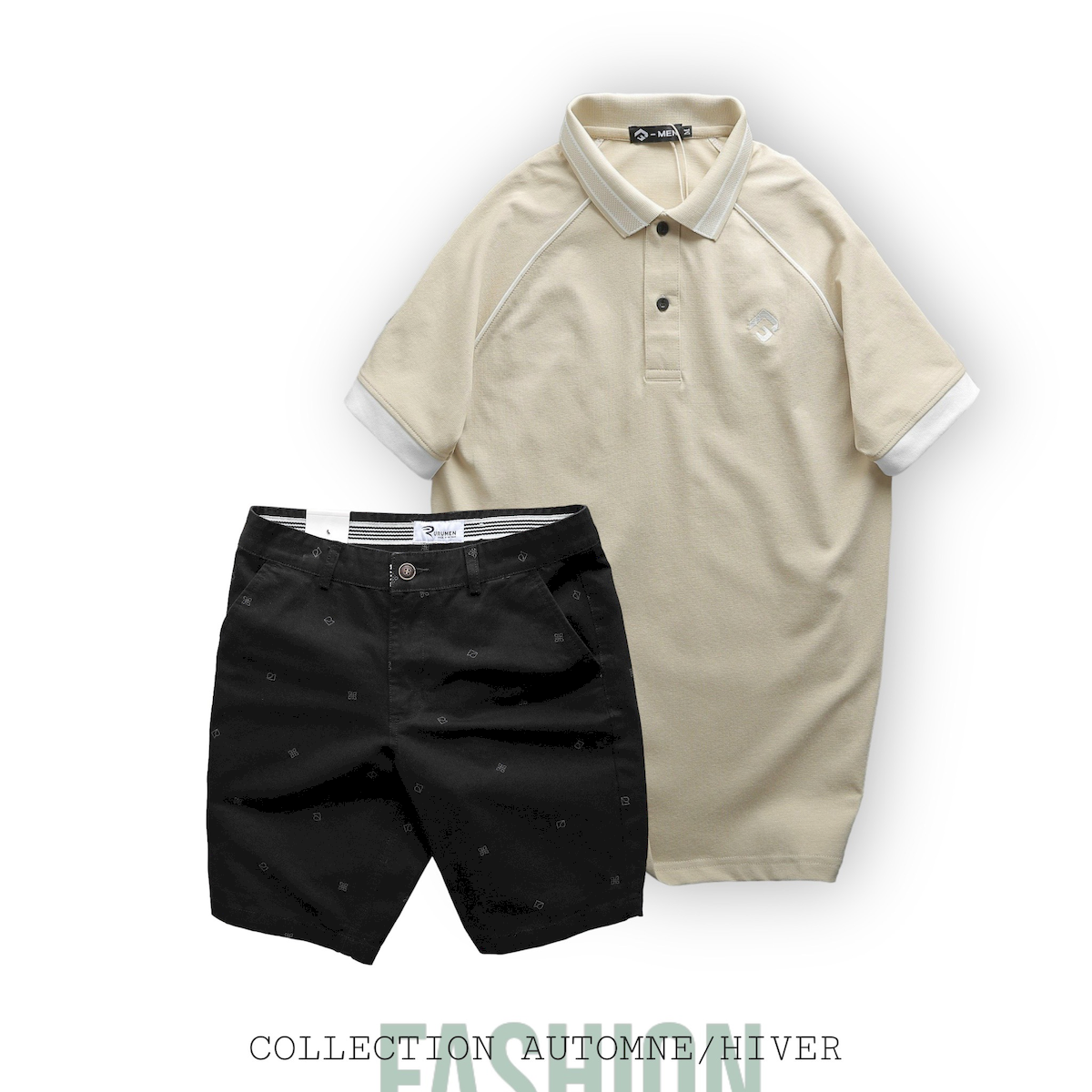 Tổng thể set gồm áo polo màu kem phối quần short tối màu.