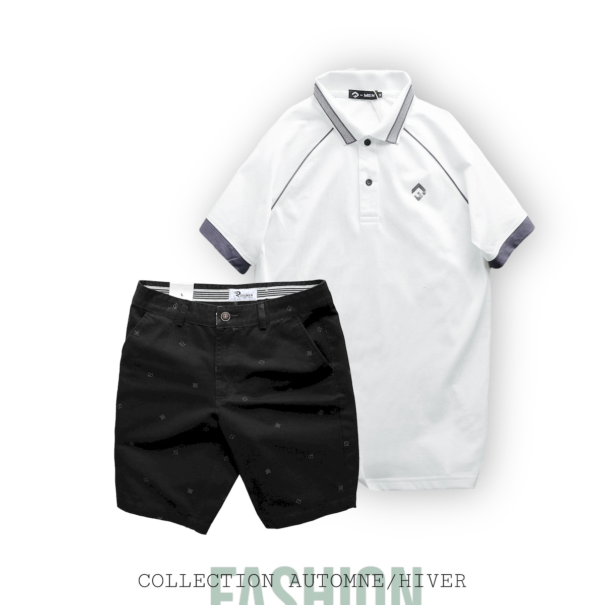 Set bộ nam quần short kaki họa tiết phối áo thun polo cổ bẻ thêu logo Rubik
