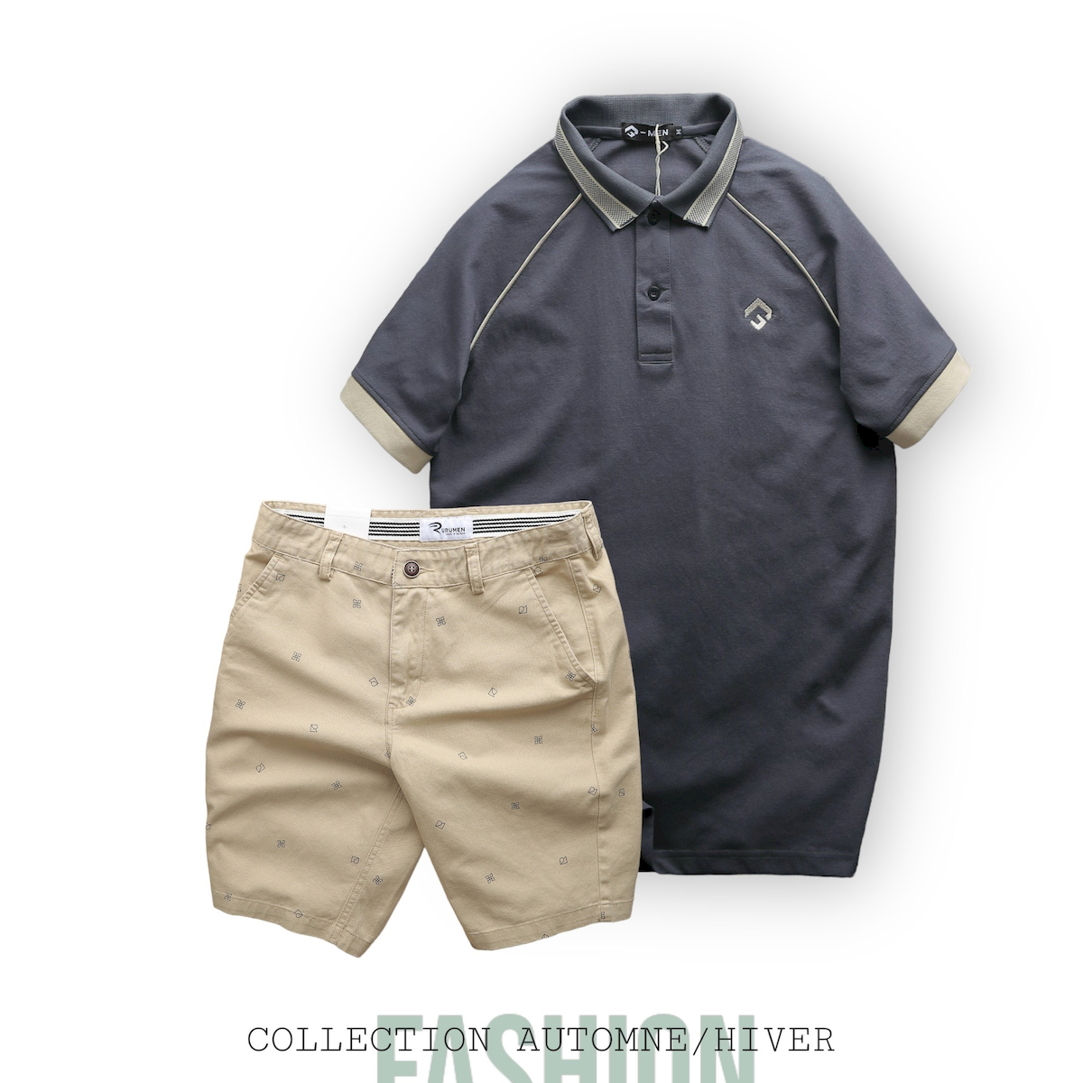 Set bộ nam quần short kaki họa tiết phối áo thun polo cổ bẻ thêu logo Rubik