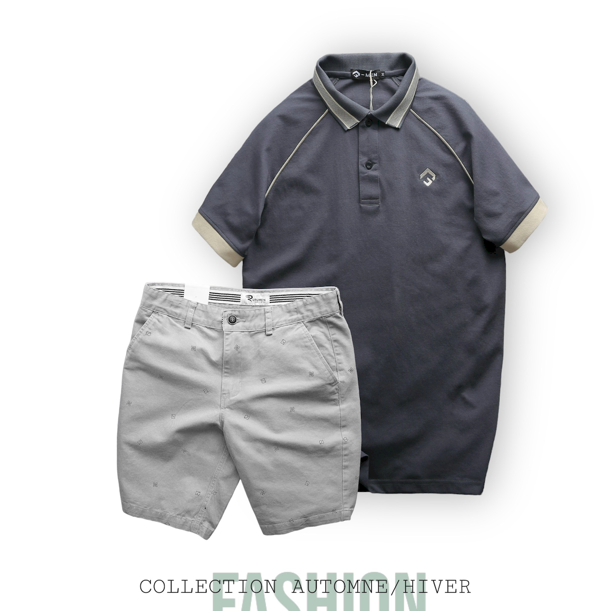 Set bộ nam quần short kaki họa tiết phối áo thun polo cổ bẻ thêu logo Rubik