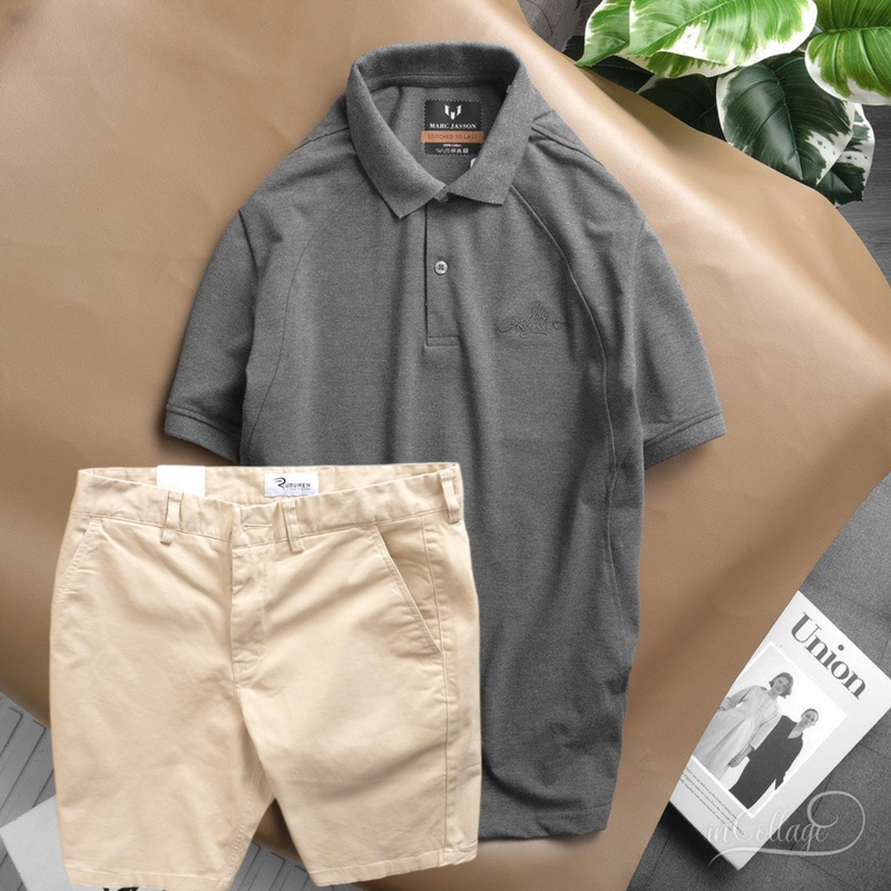 Gợi ý phối áo tông xám với quần short kaki màu kem
