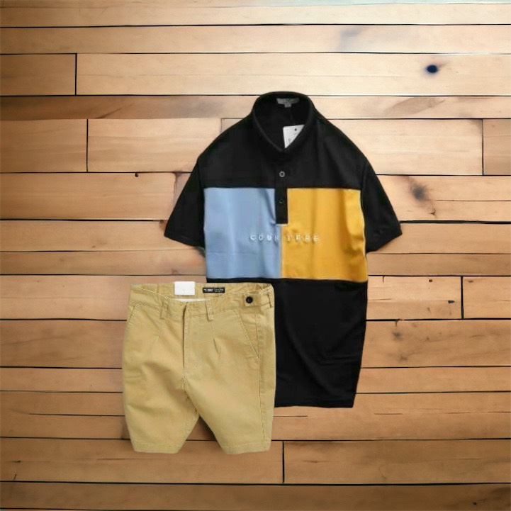Phối áo nền đen cùng quần short kaki màu be