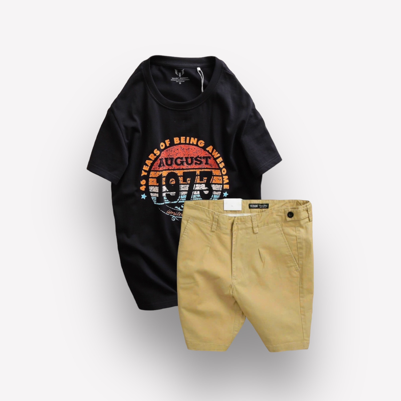 Phiên bản áo đen kết hợp quần short vàng be