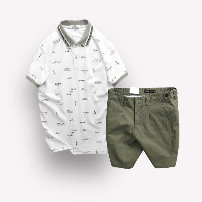 Phối màu áo trắng hoạ tiết cùng quần short xanh olive