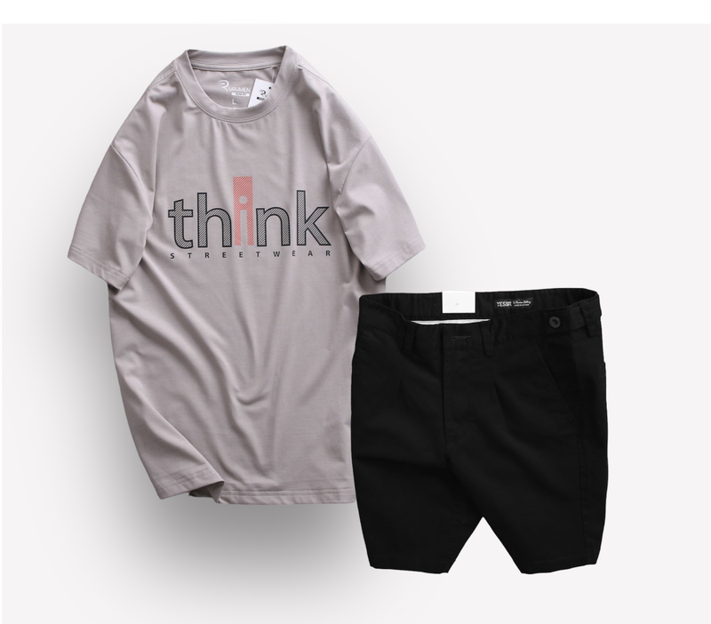Set Bộ Nam Quần Short Kaki Phối Nút Và Áo Thun Cổ Tròn In Chữ Big Size