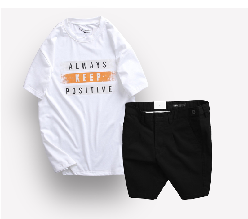 Set Bộ Nam Quần Short Kaki Phối Nút Và Áo Thun Cổ Tròn In Chữ Big Size