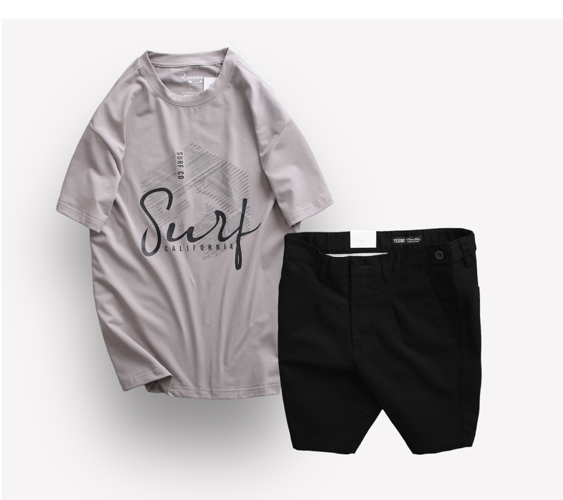 Set Bộ Nam Quần Short Kaki Phối Nút Và Áo Thun Cổ Tròn In Chữ Big Size