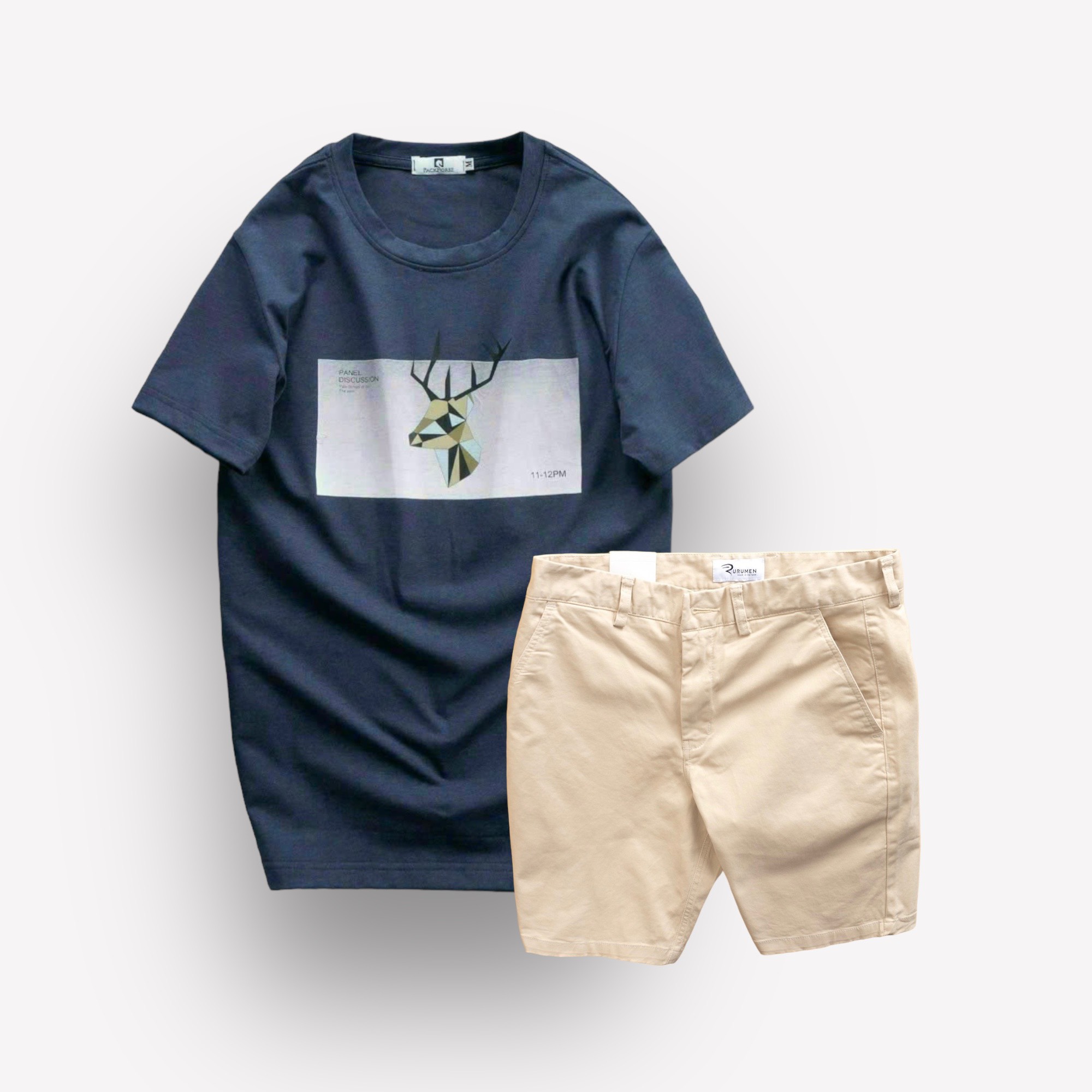 Set Bộ Nam Quần Short Kaki Rurumen Phối Áo Thun Cổ Tròn In Hình Tuần Lộc