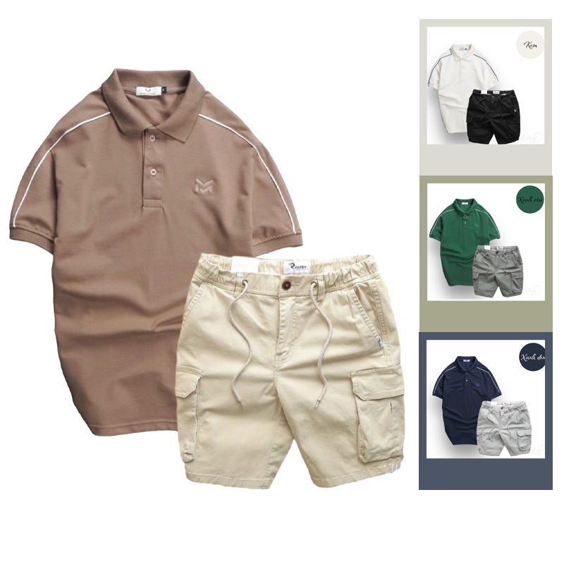 Set Bộ Nam Quần Short Kaki Túi Hộp Phối Áo Thun Cá Sấu Cổ Bẻ Viền Tay