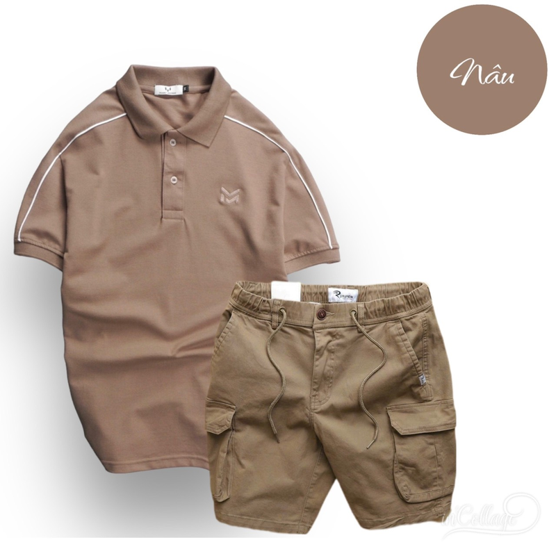 Set Bộ Nam Quần Short Kaki Túi Hộp Phối Áo Thun Cá Sấu Cổ Bẻ Viền Tay