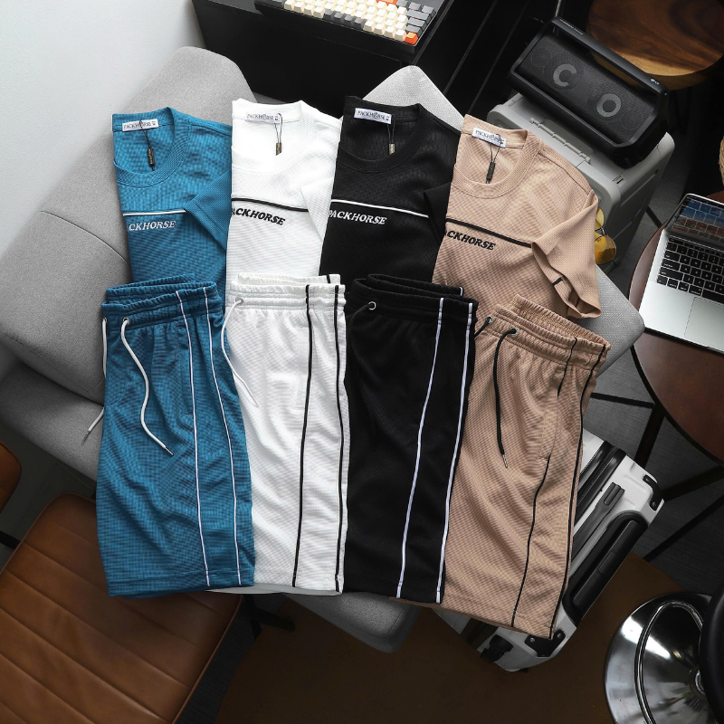 Set bộ nam quần short phối sọc 2 bên và áo thun cổ tròn thêu chữ Packhorse size M-XXL
