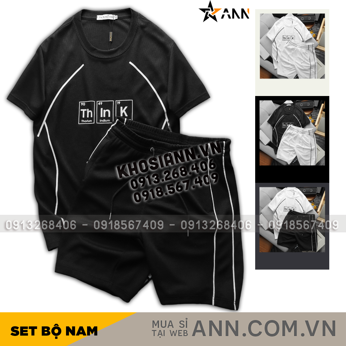 Set bộ nam quần short phối áo thun cổ tròn Pack Hourse in chữ Think viền sọc