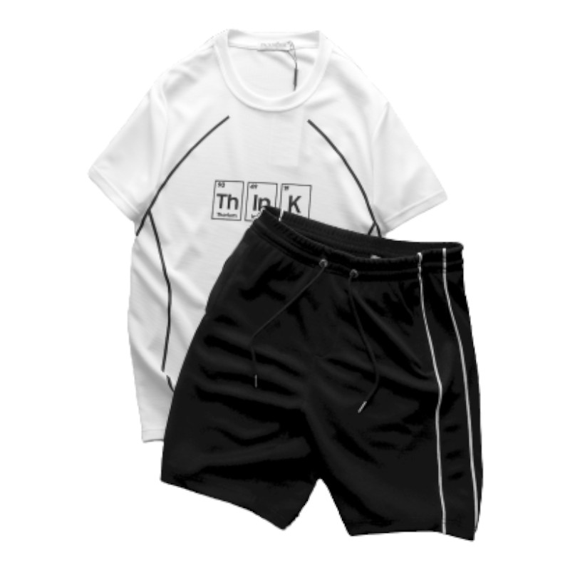 Hình ảnh Set Bộ Nam Quần Short Phối Áo Thun Cổ Tròn Pack Hourse In Chữ Think Viền Sọc trong bộ sưu tập áo thun nam cổ tròn
