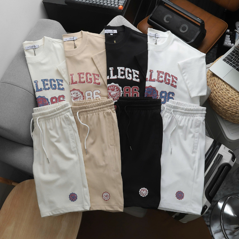 Set Bộ Nam College 1986 Áo Thun Cổ Tròn Quần Short Thun Size M Đến XXL