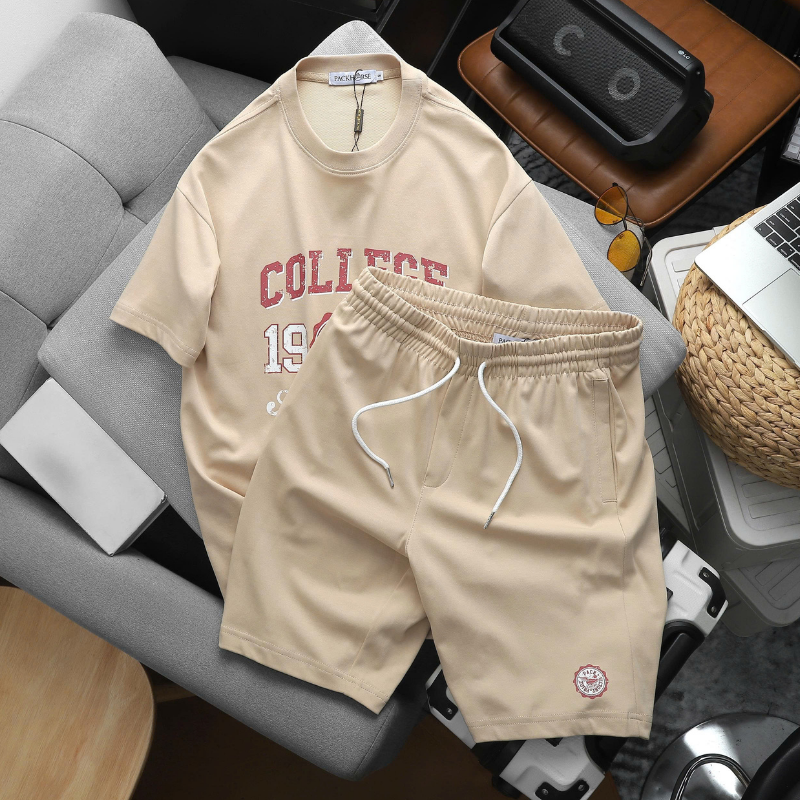 Set Bộ Nam College 1986 Áo Thun Cổ Tròn Quần Short Thun Size M Đến XXL