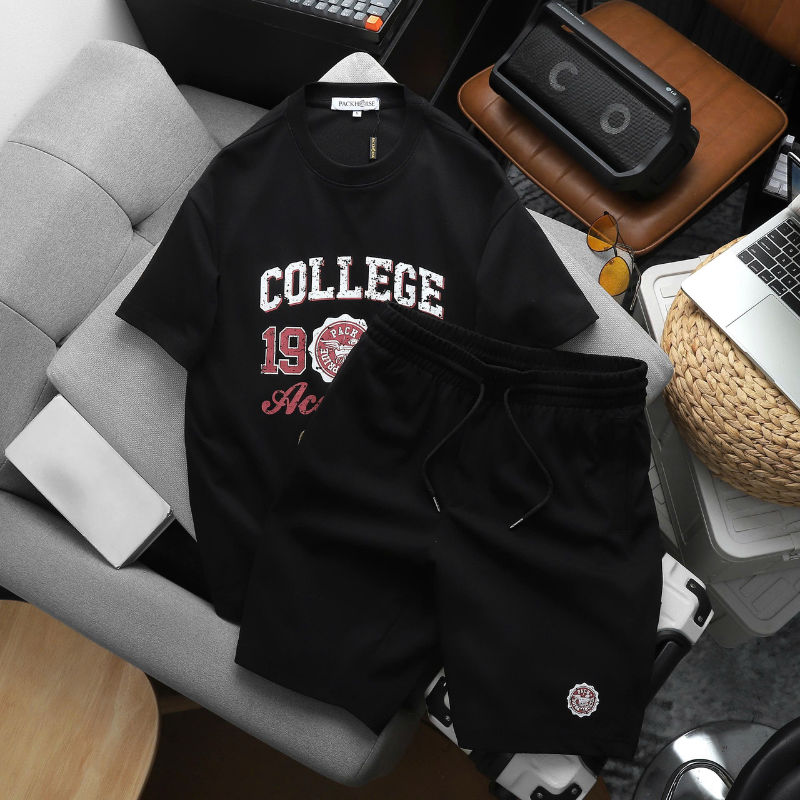 Set Bộ Nam College 1986 Áo Thun Cổ Tròn Quần Short Thun Size M Đến XXL