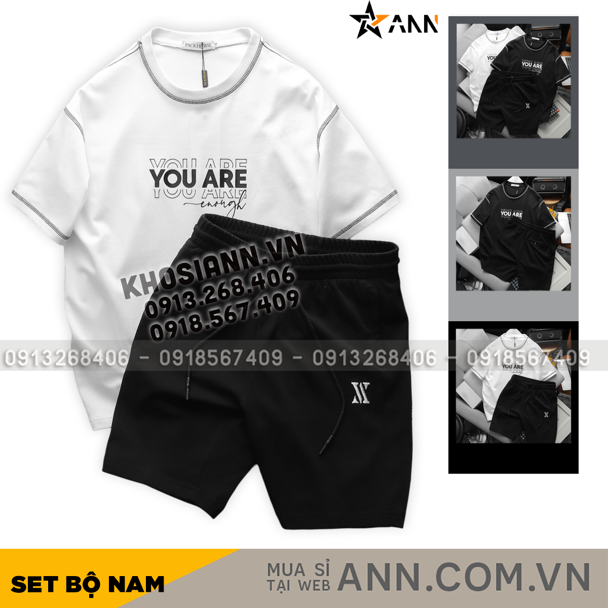Set Bộ Nam Quần Short Thun Pack Horse Áo Thun Cổ Tròn In Chữ You Are Enough