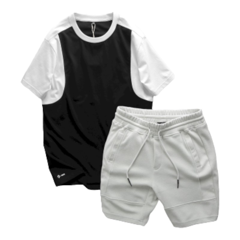 Khám phá Set Bộ Nam Quần Short Thun Sọc Ngang Chữ Phối Áo Cổ Tròn Tay Màu thuộc nhóm áo thun cổ tròn